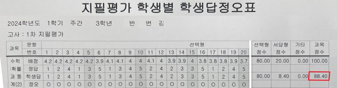 김OO 학생 고3 1학기 확률과 통계 1차 지필 88.40점 정오표