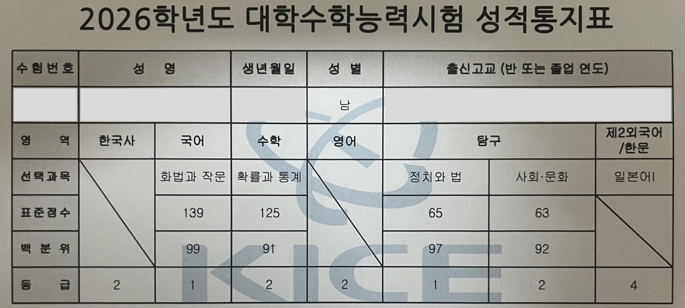 유O호 학생 2026학년도 수능 수학 2등급 성적표